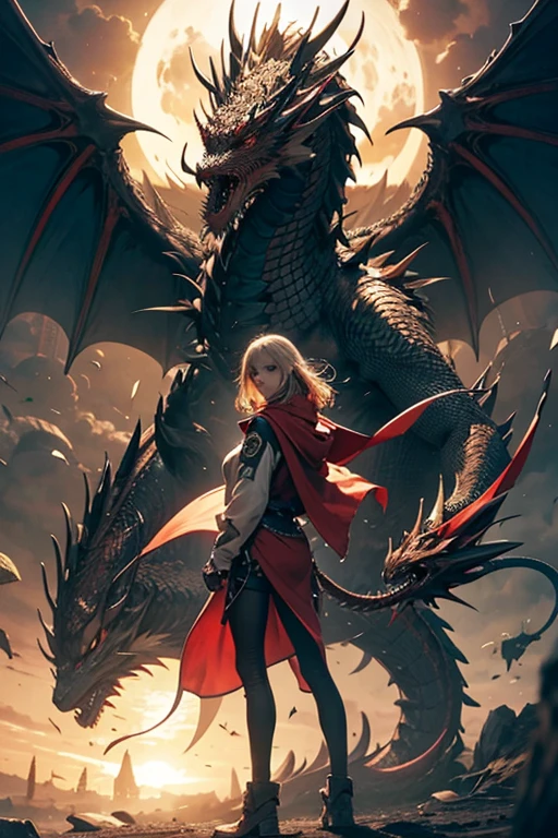 in 8K, top-quality, Real Image, intricate detailes,1girl in、Giant dragon with 8 heads、blonde  hair、robe blanche、loimu、natta、horor\(theme\)　​masterpiece、top-quality、ighly detailed --auto