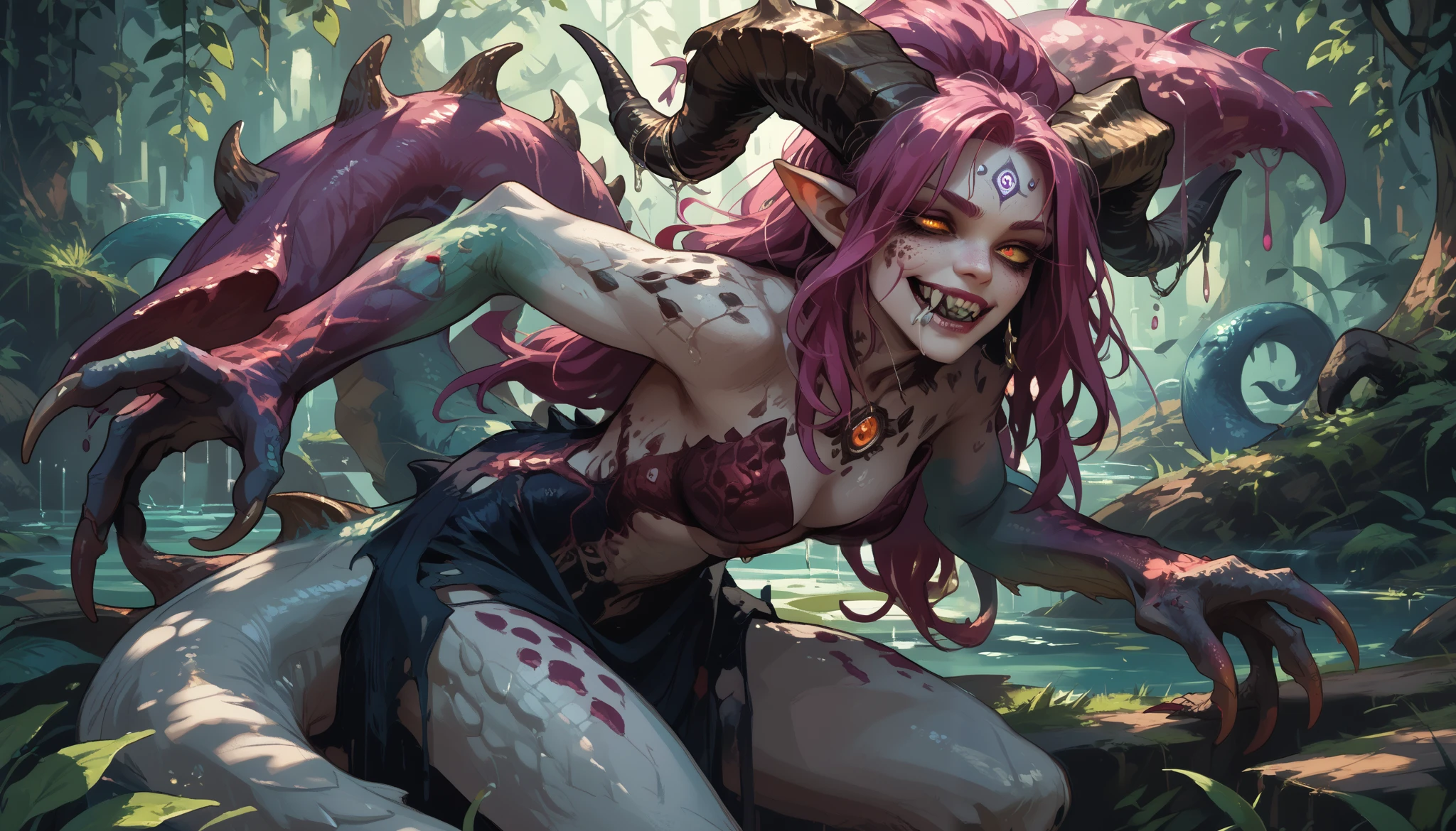 monster girl, wing, tooth, horn, alone、wing