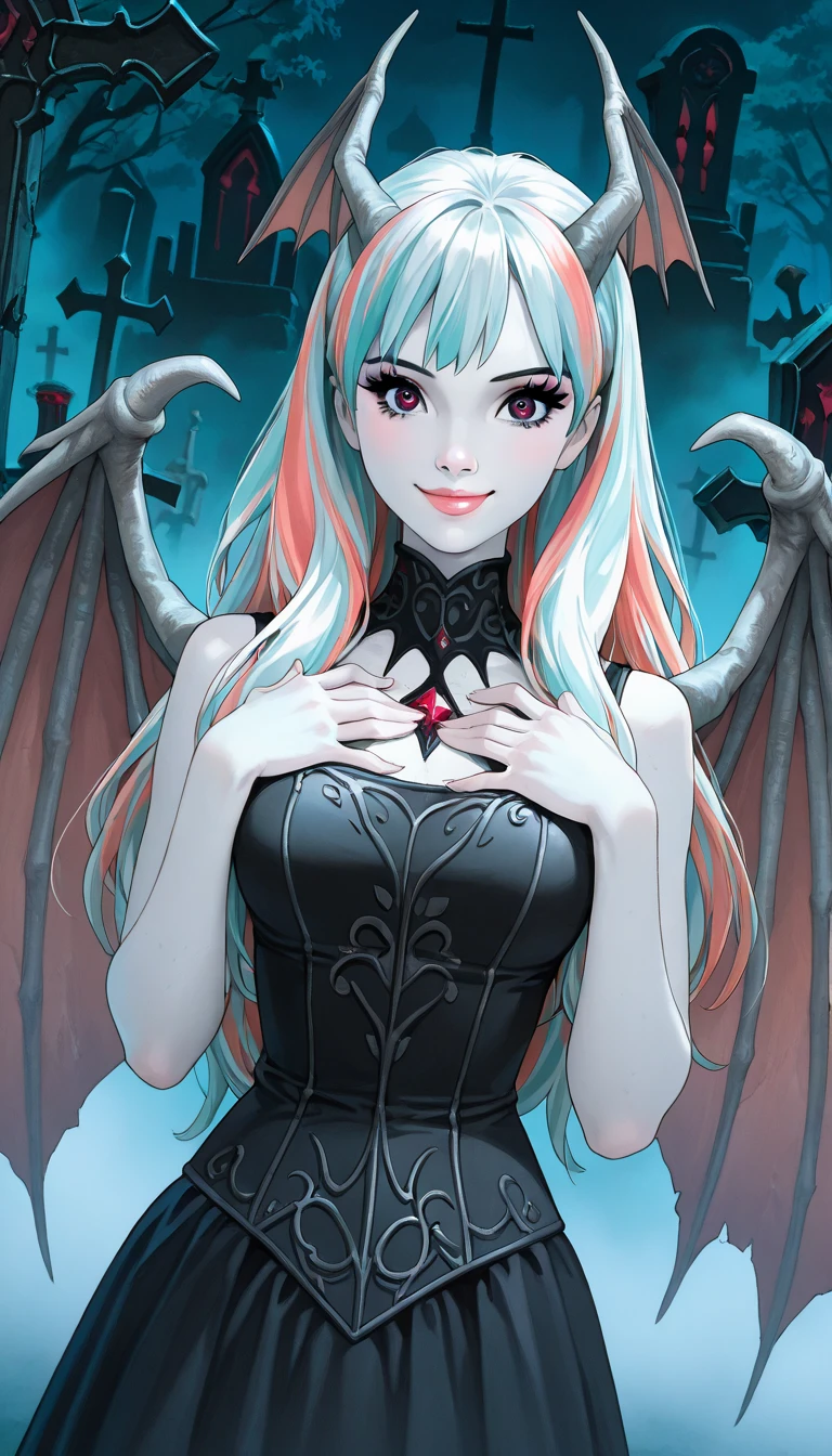 (little girl),((Crazy and angry smile)), (slit pupils), (((masterpiece))), ((best quality)), (super delicate), (illustration), (floating hair), bat, red moon,(slim legs), {(big white cloth hat)}, (1 girl), ( bat wings), (light blue hair), red eyes,large breast, long red hair, castle, beautiful and delicate eyes, (small chest), (Black and white tight lace skirt), blood ,