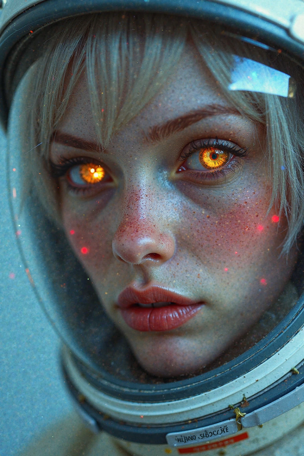 (Close-up of a masterpiece:1.5)0.9]，(Space and astronauts:1.2) (Messy silver hair:1.1) (Heterochromia yellow blue eyes:1.2) (Casque spatial:1.0) (Colorful stars in the eyes:1.0) (Dazzling light:1.1) (Thick lip:0.9)