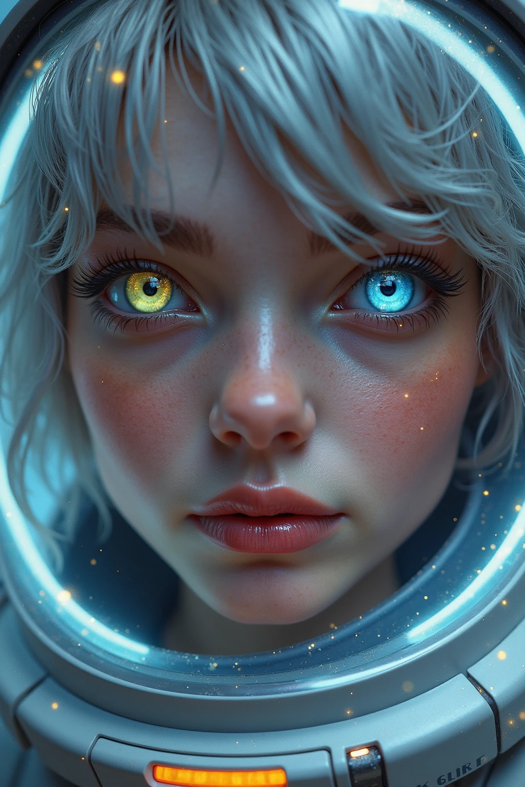 (Close-up of a masterpiece:1.5)0.9]，(Space and astronauts:1.2) (Messy silver hair:1.1) (Heterochromia yellow blue eyes:1.2) (Casque spatial:1.0) (Colorful stars in the eyes:1.0) (Dazzling light:1.1) (Thick lip:0.9)
