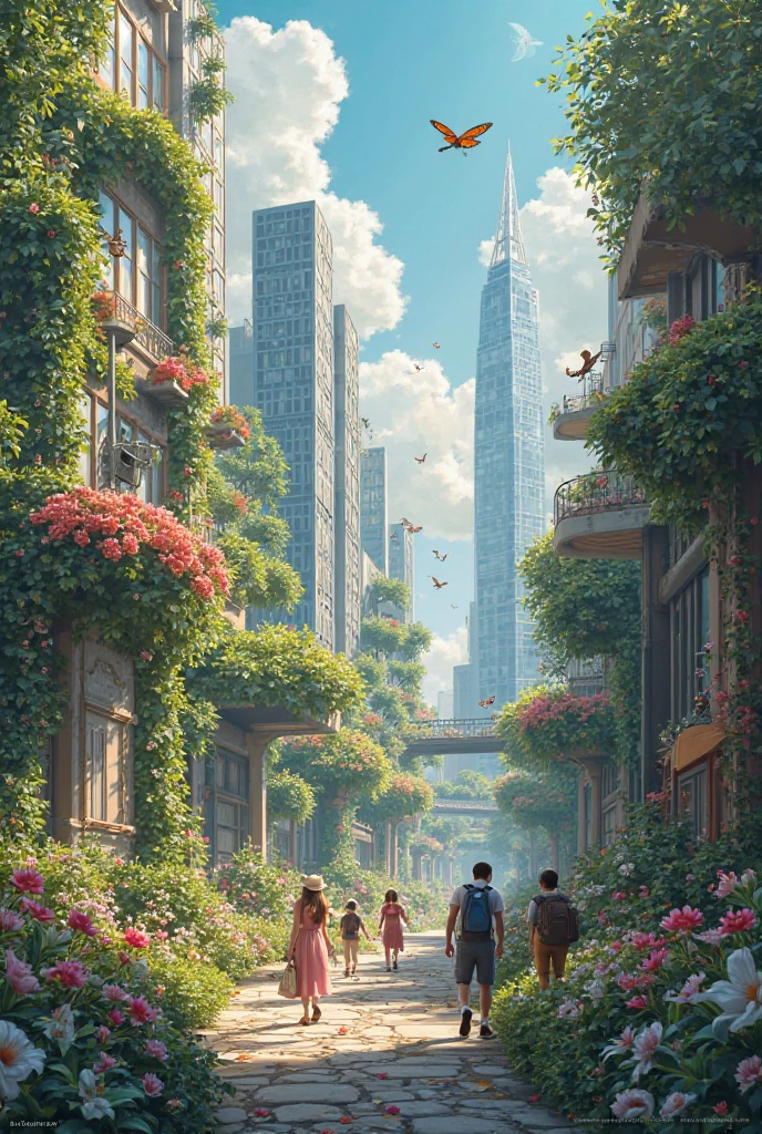 Generating scenes where the city blends with nature,Includes people、critters、vegetative、City facilities