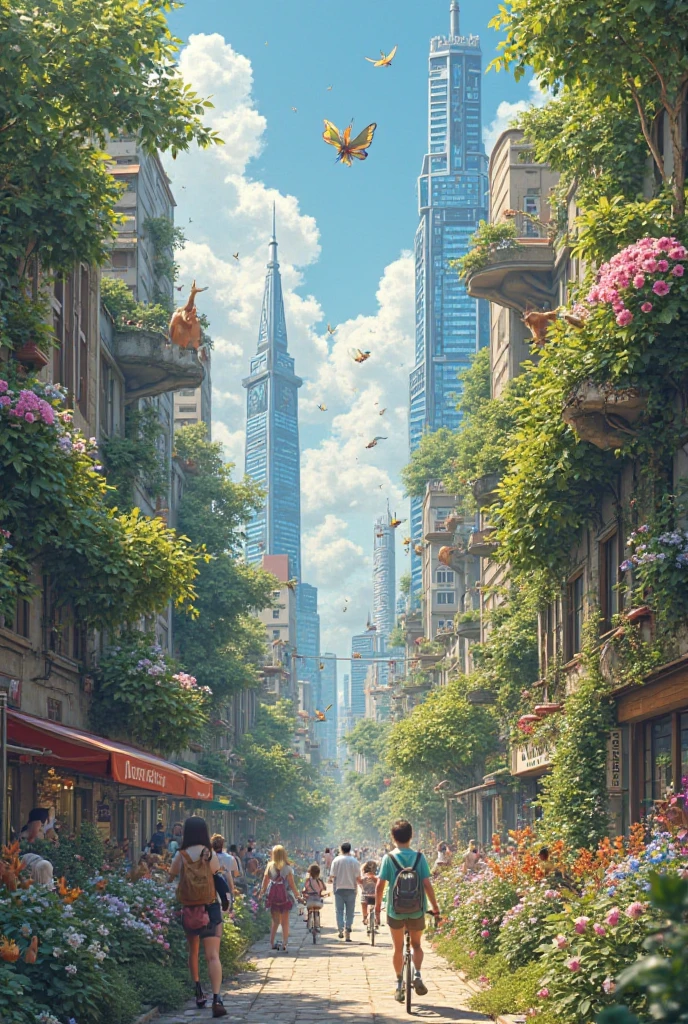Generating scenes where the city blends with nature,Includes people、critters、vegetative、City facilities