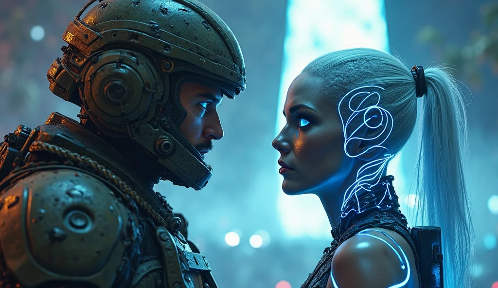 a woman holding a camera next to a statue, poster art by Adam Rex, featured on cg society, retrofuturism, reimagined by industrial light and magic, sci-fi, synthwave