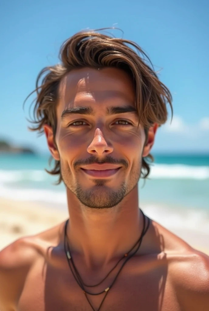 (photorealism:1.2), beautiful 30 years old man, Brown hair, fit, sweat, selfies, beach