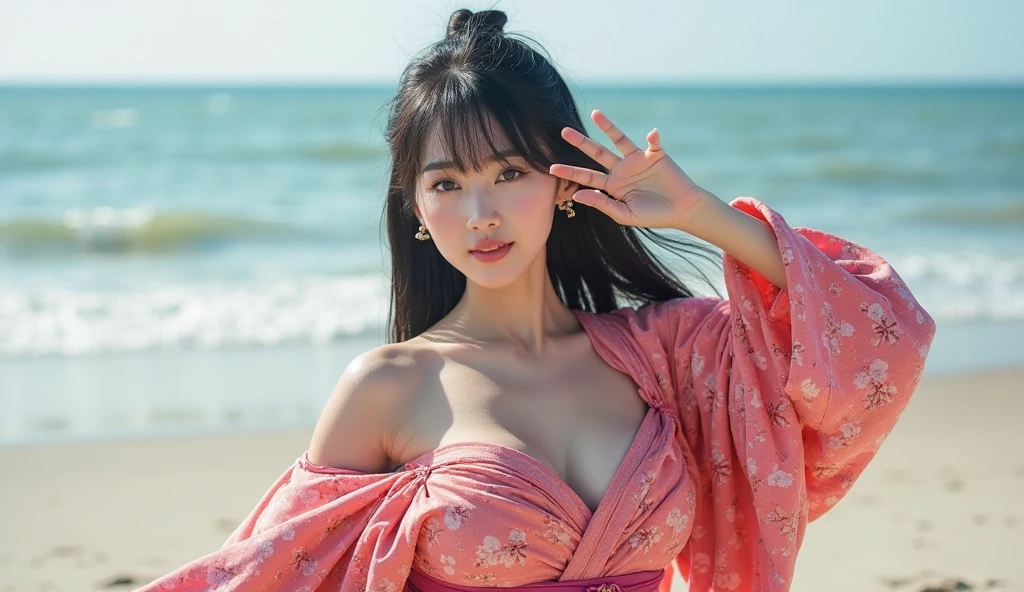 Enchanting beauty、Japanese women seducing with big breasts。Silky black hair、Mystical eyes。Wearing a traditional silk kimono、The sea breeze blows。The background is a fantastic deep sea、Mysterious light shines through。Creates a sensual atmosphere。Photorealistic。