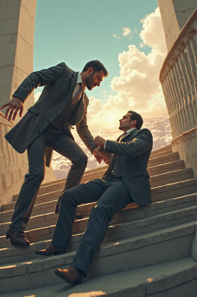 Two handsome skinny men dressed in black, long suits without a shirt, cloudy sky, a sunset, the sun is hiding, dancing beautifully on top of a black castle, water track combined with the sky, falling rain and lightning from afar, 2 men