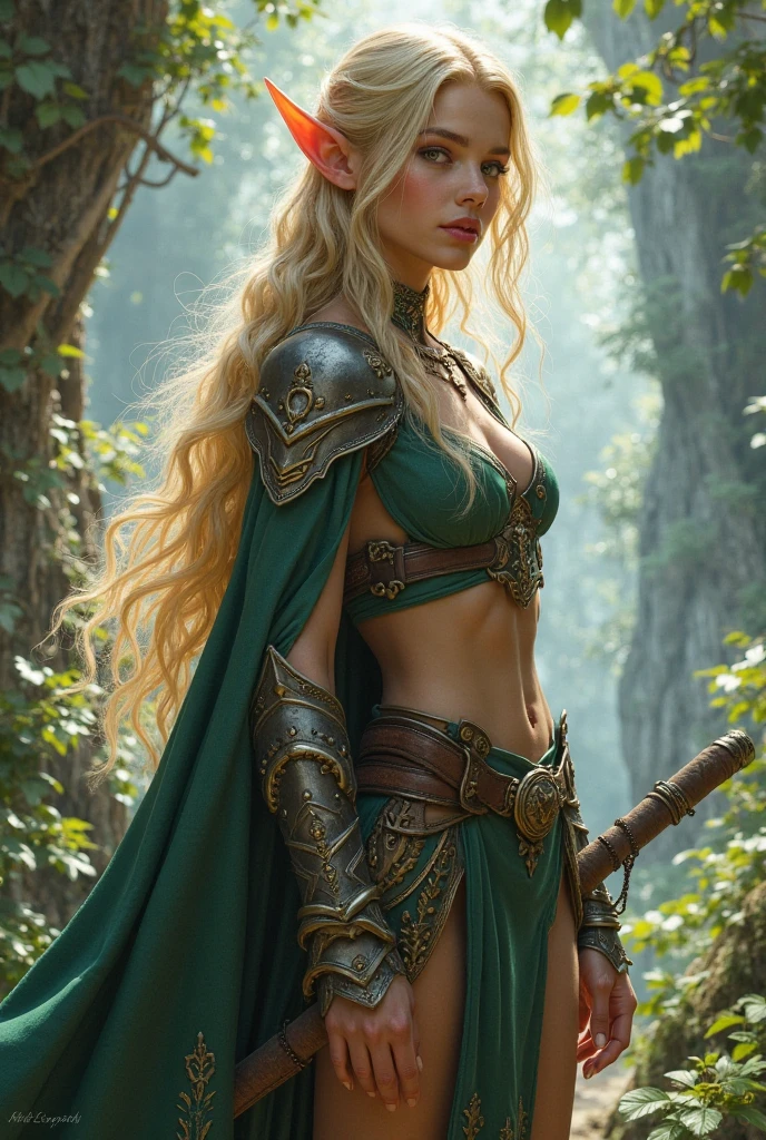 Tall female warrior, 3, long wavy hair, green and silver armor, bow and quiver with arrows, forest in the background, fog