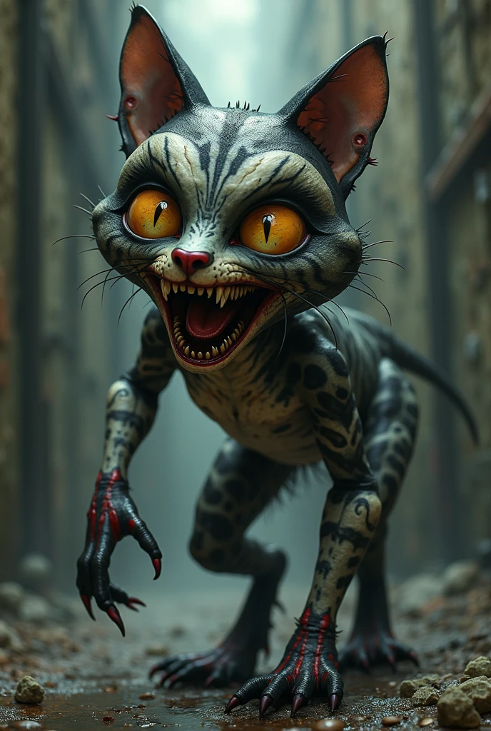 Fantz cartoon monster (cat woman), haunted forest, smile, detailed mouth, detailed eyes, detailed skin, high detail, dark studio, two tone lighting, <lora:Small_Mostersv2:1.2> <lora:epi_noiseoffset2:0.6>