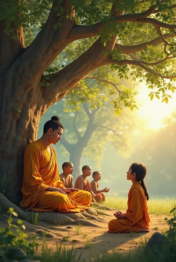 **A disciple asks if Buddha is unwell** – A disciple inquiring about Buddha’s health, with other disciples listening attentively.
