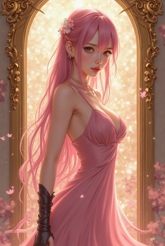 "marine kitagawa from 'my dress up darling' is a stunningly most beautiful hot anime girl with an elegant and stylish appearance, featuring long, flowing hair and expressive eyes. She is dressed in a silky fashionable and eye-catching outfit that complements her graceful demeanor, set against a vivid and artistic background."