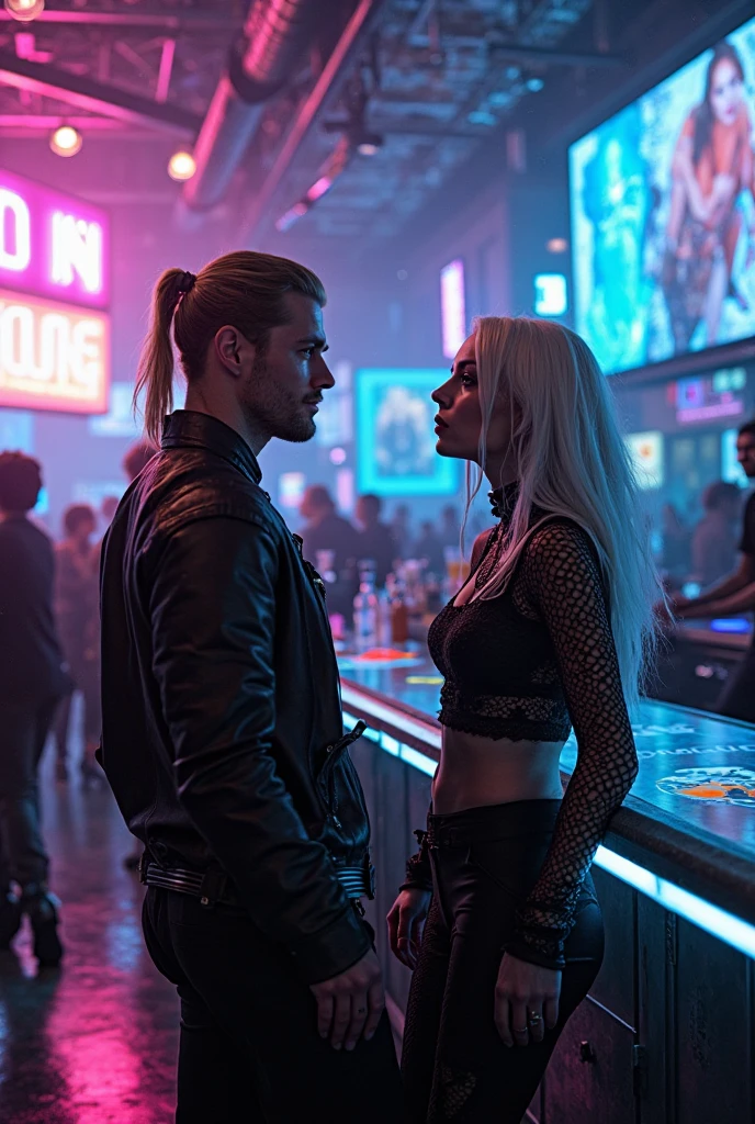 A hyper-realistic 8k highly detailed, portrait, gothic painting, sultry of a close-up of Korean couple facing each other intimately. Both couples have platinum blonde hair; the female has intricate braids, and the male has a modern undercut. They are wearing matching black blinds folded & with straps, adorned the male had black strap in his mouth, The background is Tokyo and lights effect creating a glamorous atmosphere. The male has tattoos on his arm