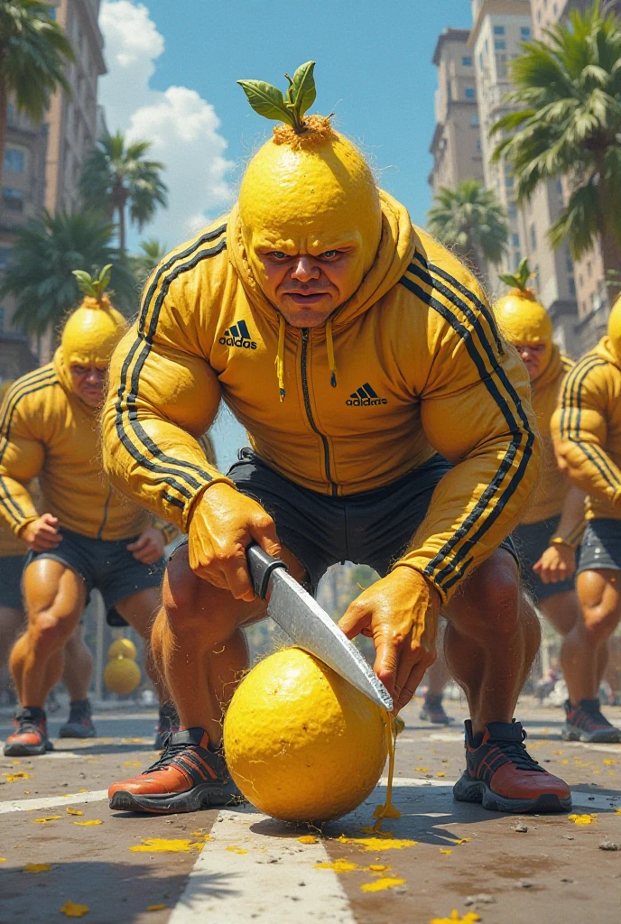 Banana shaped like an athletic man lifting weights very hard and wearing dark glasses on his chest the name BANANA inside a coin, surrounded by bananas athletic females admiring the weightlifter.