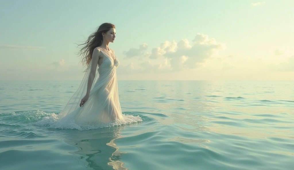 Woman in white dress walking on clear ocean with fluttering veil, in a dress made of water, Dress made of water, Endless flowing ethereal drapery, in the sea, crystal clear water, Unearthly beauty, Crystal clear sea, real photoshoot queen of oceans, Silk, fluttering in the wind, Above water, Crystal clear blue water, on the ocean water, standing in shallow water