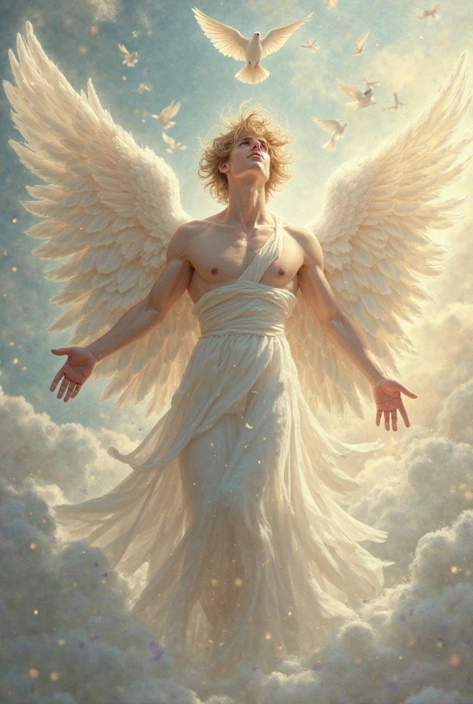- A gentle, white-winged angel (simple design)
    - Soft colors, with a subtle glow
    - Ethereal background, with a subtle texture

I want it as a man 