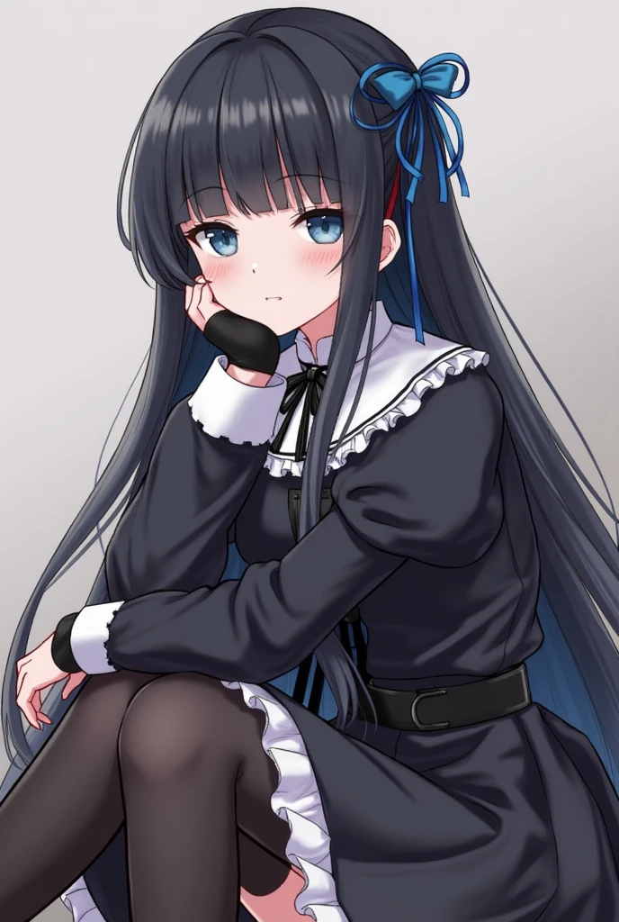 Masterpiece, Best quality, Girl,(((ojousama))), ((Blush)),Hat,Black hair, Blue eyes,Blue dress,((Lolita_Fashion)),((White pantyhose)),((((mary_janes)))), ((Arms_Behind_back)),((Legs together)), (((Bondage))), (((shibari))),(((gag))),