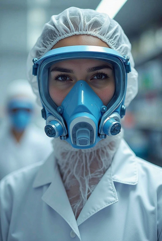 Generate a female dentist with a large gas mask and with her patient wearing blue nitrile gloves and showing the patient's hands with blue nitrile gloves LET THE PATIENT'S GLOVES BE SEEN