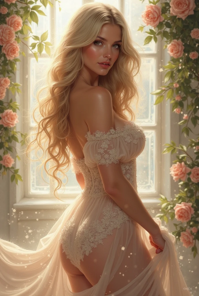 An image of a tasteful and artistic depiction of a perfectly sculpted blonde woman in a ((nude)) pose. She's bathed in subtle, soft sunlight filtered through delicate lace curtains, creating a play of light and shadow on her flawless skin. Her hair cascades down her back, golden strands catching the light. The background is a vintage rose-patterned wallpaper in neutral tones for a touch of old-world elegance. Depth of field should be shallow to put the focus solely on the model while gently blurring the background. The image should have a warm tone and generous exposure to accentuate the natural light. Image is captured via a Canon EOS 5D Mark IV with a 50 mm prime lens, with an aperture of f/1.2. Professional editing to enhance the sharpness, reduce noise, and adjust the color temperature to warmer hues, long blonde hair, (cleavage), high detail, film, professional, highly detailed, realistic, photorealistic, RAW photo, canon 5d, perfect shadows, natural color, realistic, photorealistic, relaxed, detailed skin, textured skin, intricate details, natural pose, natural eyes, natural pose, perfect fingernails,