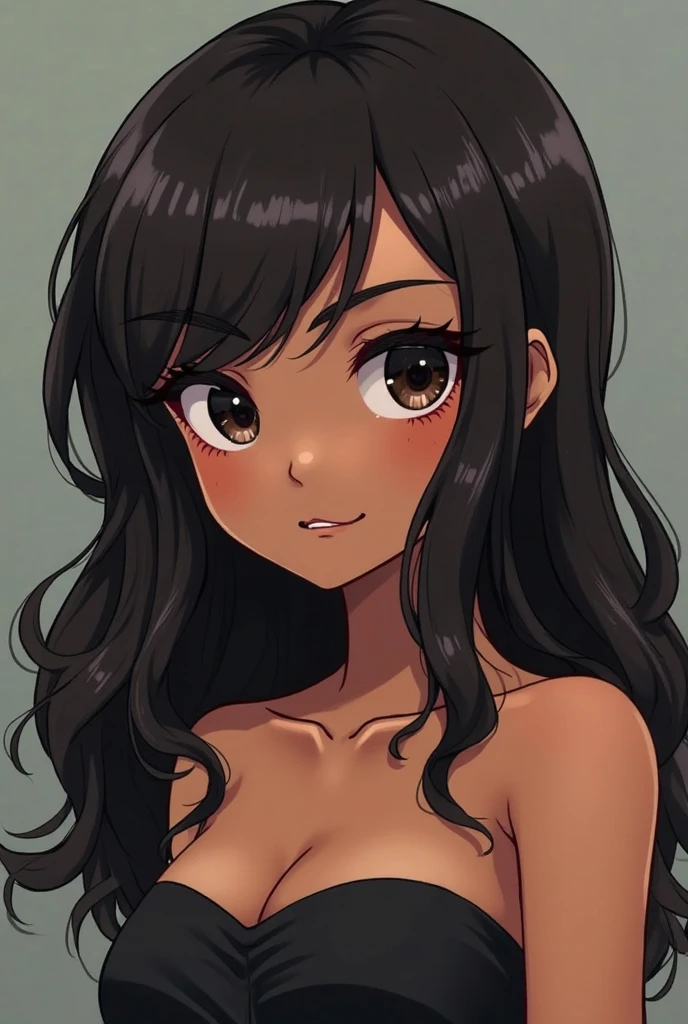 detailed illustration ,dynamic angle, ultra-detailed, detailed eyes, detailed face, 1girl, naked, large medium breasts, hair in front, tan, dark skin, long hair, very long hair, hair covers body, black hair, wavy hair, dark green eyes, eager eyes, soft smile, crouching, sandy beach, jungle, ocean,