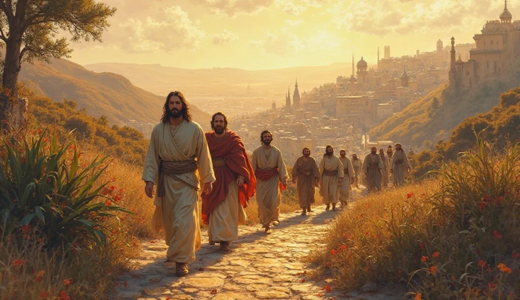 Jesus walking with two disciples along a road from Jerusalem, based on the biblical passage Emmaus, scenery of an ancient Jerusalem, ray tracing, 16k, full body render. Make each character have His unique characteristics