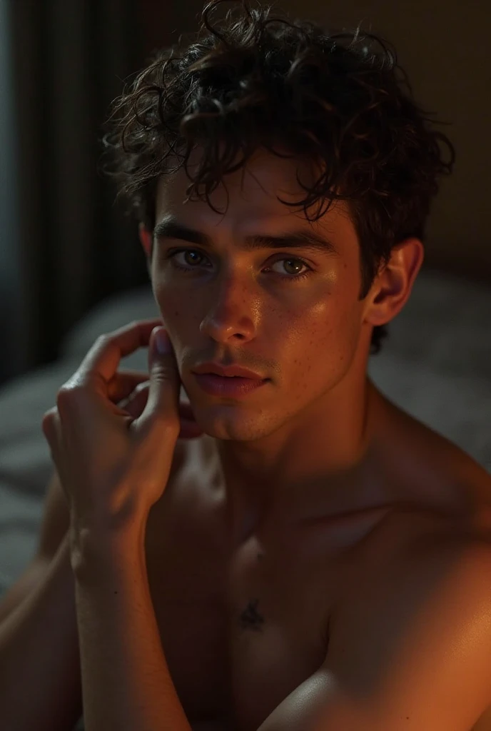 A handsome boy ,high ,short black hair and green eyes ,In underwear