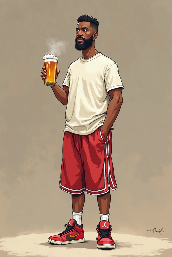 ((Manga art-style)) A being that is usually represented as a young black man, with only one leg, wearing simple clothes, such as shorts or short pants, and a “red_all santa claus hat”. He carries a pipe and is enveloped in a cloud of smoke. ((one-leg is missing:)1.37)