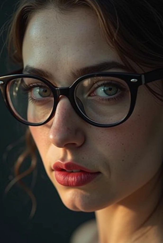 ((1woman, female, solo, portrait, close up, brown chestnut hair, dark green eyes, gentle, , using glasses, secretary, gentle, shy, freckled)office background, curious expression) (Masterpiece, super detailed, 8K, (High-Definition, Sunlight:0.5, Soft_Shadows:0.5, Atmospheric_lighting, 8k, 4k, hyper-realistic, elegant, ((((cinematic appearance)))), soft tones, soft cinematic lights))