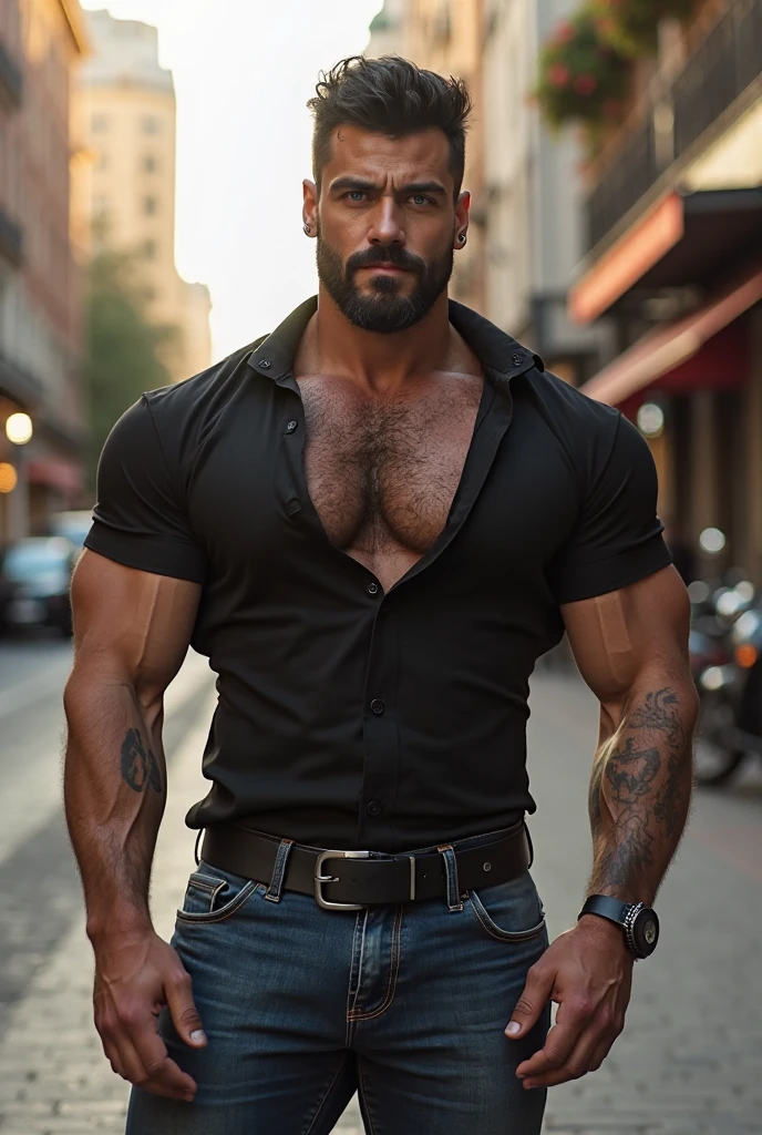, handsome man juliant, (bald:1.2) (bushy beard:1.2)full body, studio portrait, police station, detailed background, cinematic lighting, (blue-color:1.2), open clothes, blue pants, open shirt, (badge), holding cuffs, hat, police officer, belt, holster, black loafers, body hair, muscular, masterpiece, 8k, hairy, deep skin, depth of field, bright lights, cinematic, movie scene <lora:juliant:0.9> ,<lora:Clothing - Sexy Police Officer:0.5>