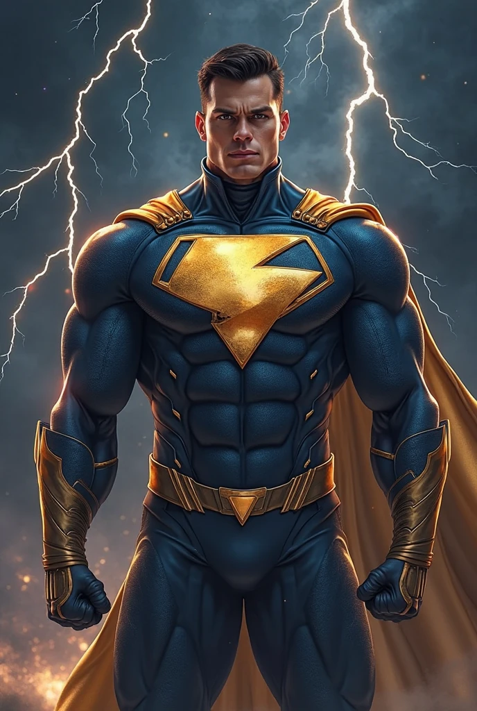 Create a superhero with the letter D on the chest and lightning bolts around it Add the name dex raiden to this image