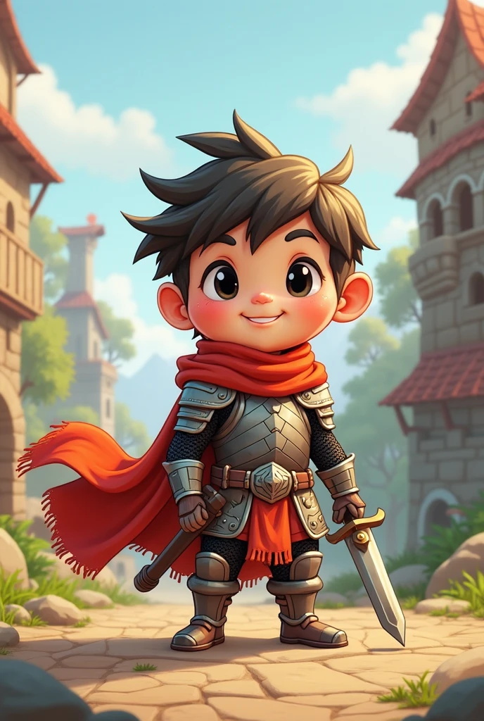 Cute little warrior, in armor, with a sword in the belt, smiles, little black eyes, with a red long scarf,  cartoon style