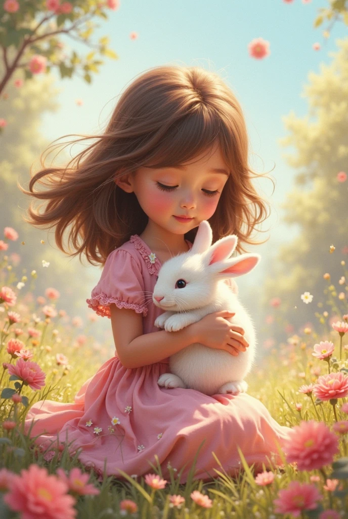 “Small girl is sitting outside her cottage, smiling as Fluffy the rabbit hops toward her with a bunch of wildflowers in its mouth. The scene is set in a colorful garden with blooming flowers and bright green grass. Small girl and Fluffy share a joyful moment, celebrating their friendship.”