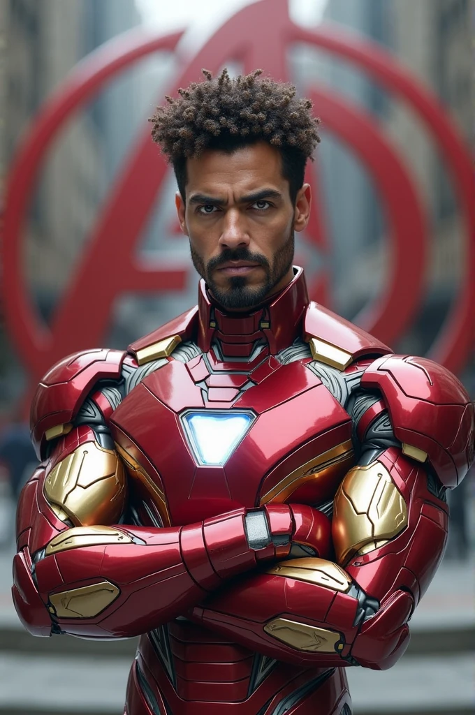 (masterpiece, intricately detailed, highest resolution, best quality:1.2), (doujin), a cocky African American Instagram influencer, buzz cut, a 24 y.o muscle stud with a muscular physique sitting on a chair with black eyes,full-body tattoo, dark-skinned male, clean shaven, wearing a ((mecha suit, iron man inspired, chav)), ((excessive cum)) ((cum on body)) (cum drip), flaccid penis,saggy balls,hairy chest,vascular,muscle striations,soft light,fantastic realism, wsprmr, zzmckzz