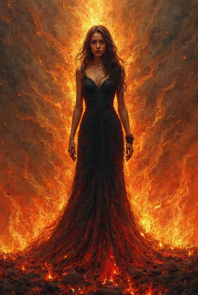 ral-zmbyz,In a dimly lit room with an ethereal fog, a half-zombie woman stands softly with her eyes closed, her melancholy yet sublime elegance. Her long hair cascading down her back, her figure soft and almost divine in the sunlight, the flames blazing with fire seem a natural extension of her form, vividly accentuating the strength and grace of her silhouette. Her skin, touched by the glow of the flames, takes on a translucent texture and glows with an inner light, revealing the delicate interplay of her dual nature. Subsurface scattering amplifies this ethereal quality, adding a magical realism to the scene as feathers and particles caught in the fiery luminescence dance. The vortex intensifies the sense of the world collapsing, and the disintegration and lens flares around her contribute to a dramatic and poignant tableau. This is a celebration of tragic beauty, where the undead and the divine merge in a timeless dance of light and dark.