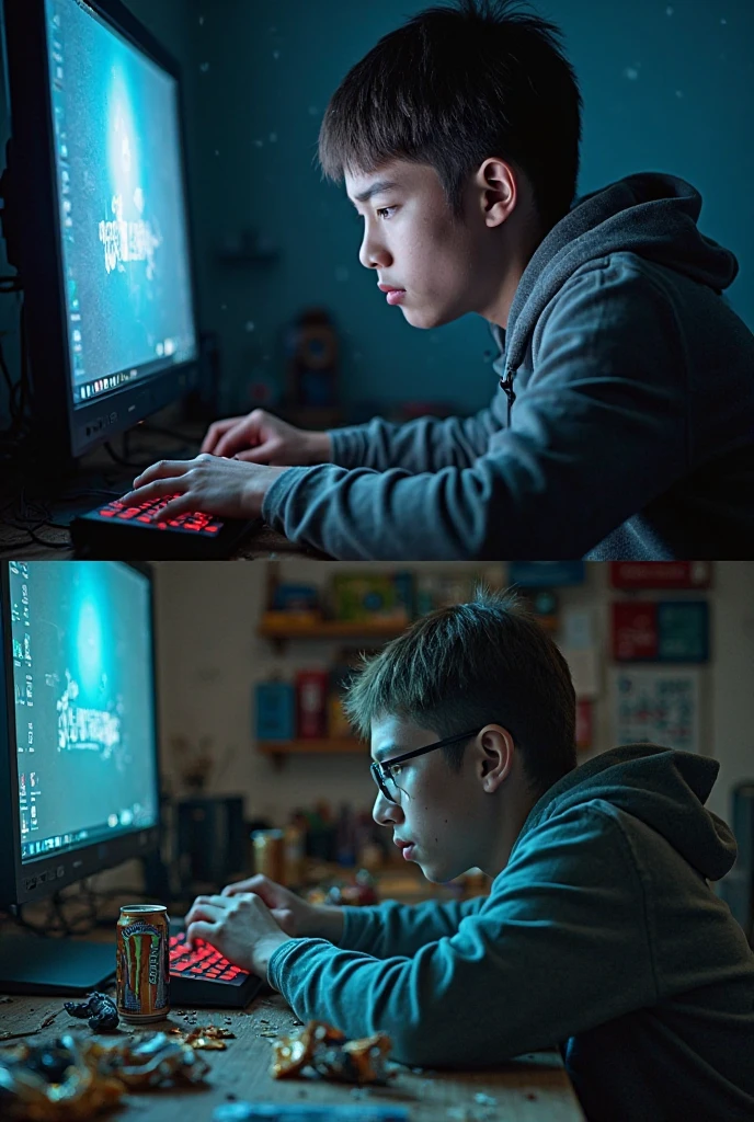 Intense gaming session, eerie ambiance, startled reaction, immersive setup:0.2 In a (dimly lit room)1.2, an 18-year-old boy sits on a (gaming chair)1.2, his eyes riveted to the (glowing monitor)1.2 that displays a (terrifying face)1.2, his (screaming expression)1.2 mirroring the fear-inducing content, a (computer case)1.2 rests on the (gaming desk)1.2 nearby, the atmosphere radiating an (unsettling vibe)1.2 as the boy reacts to the chilling experience in the virtual world.