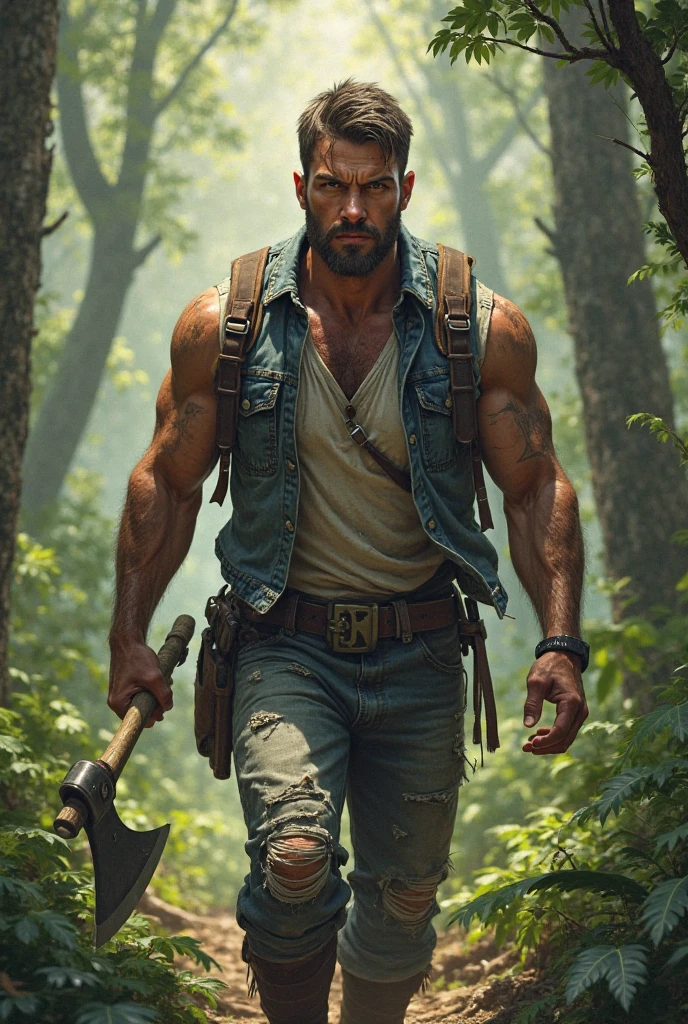 a dark-skinned adult in a tank top holding a small axe