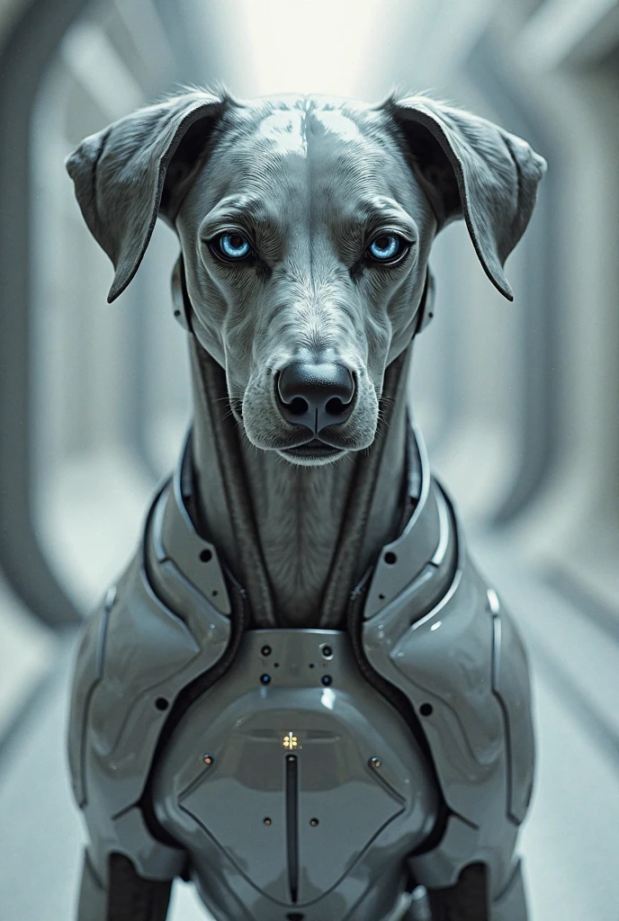 Create a white robot Pitbull with a collar and pendant with the letter F