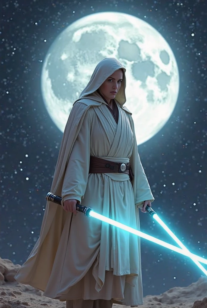 Jedi equipped with a lightsaber and wearing a white outfit and hood with a galactic background and a bright moon