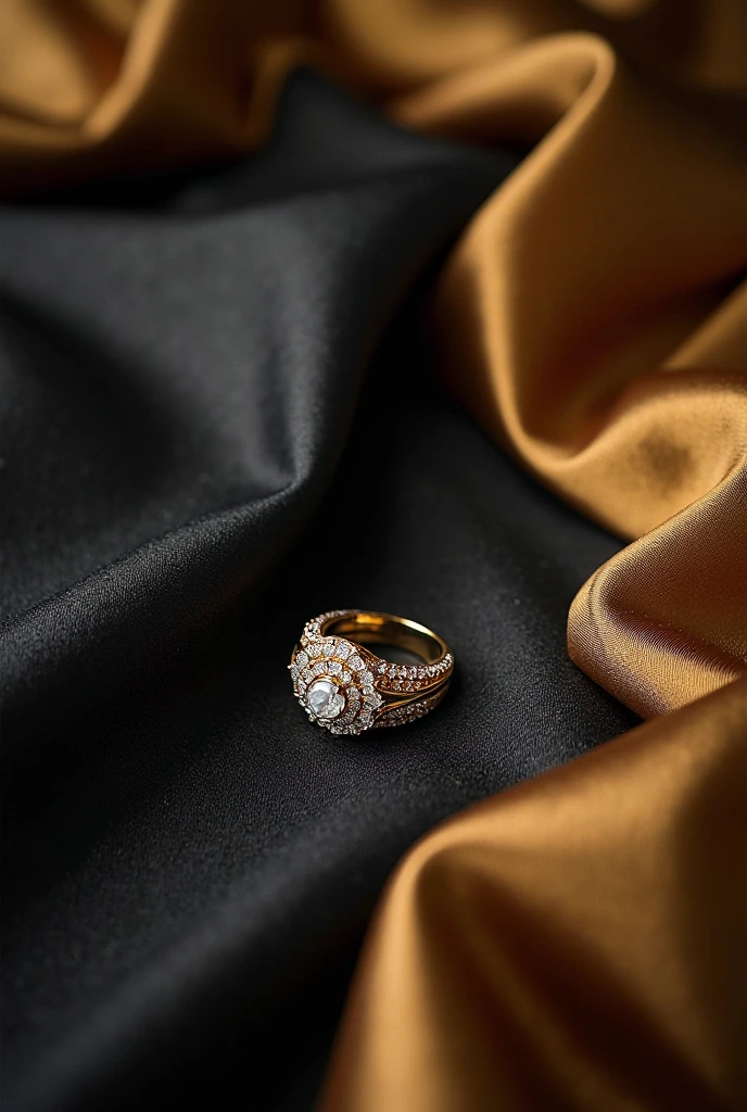 A luxurious flat-lay photo of a dainty ring or necklace on a black and golden silk background.