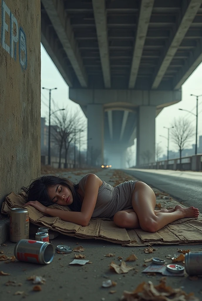 A cartoon-like touch, Images of a city in conflict, ((A long-distance shot of an unattractive Latino adult woman crawling on the ground)), Lower body naked, He is wearing a worn-out, dusty jacket., Wearing socks, Ripped clothes are lying around, masterpiece, High resolution, Masterpiece, on the crotch