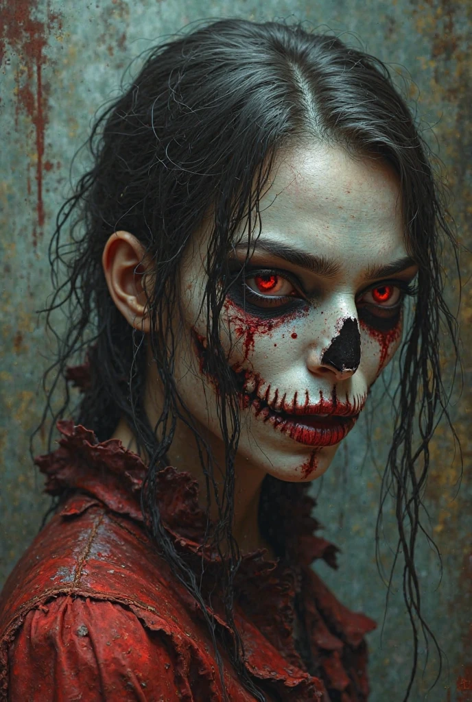 a close up of a person with a bloody face and long hair, hauntingly beautiful zombie, zombie with white eyes, beautiful zombie, zombie face, evil zombie, evil dead face, portrait of a zombie, scary look, undead facial features, zombie, zombie's, zombified, zombie in horror concept art, scary face, horrifying grin. horror