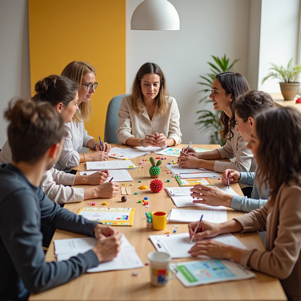 A mixture of serious and playful: Picture the group members in a, meeting where they are sitting at a table with important documents, but toys are scattered on the table, sweets and other elements, that create an atmosphere of lightness and fun.