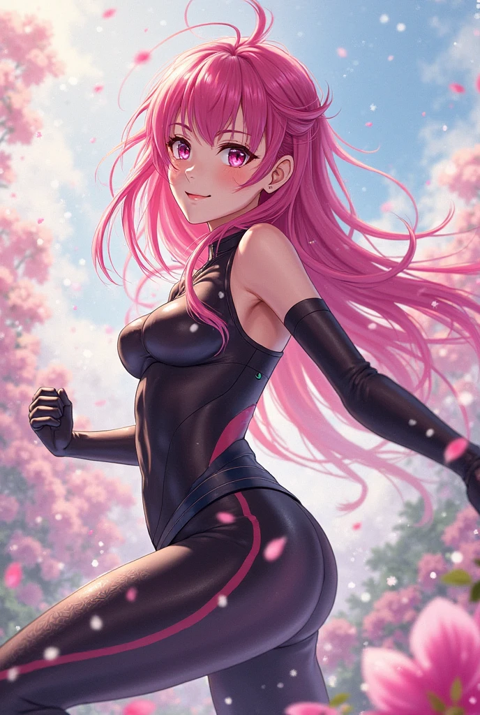 (Superb Pink-Haired Girl:1.2), Stunningly Detailed, Vibrant, Realistic, Photorealistic, (Extremely Detailed Hair:1.5), Pink Ombre Bob Cut, Hair Blowing in the Wind, Shiny Hair, Shiny Skin, (Blush Pink Bodysuit:1.4), Slightly Transparent, Revealing Abdomen, Knee-High Socks, (Pink Converse:1.4), Slightly Crouched Stance, (Dynamic Poses:1.5), Outdoor Scene, Cherry Blossom Trees, Sunlight Filtering Through, (Soft Focus:1