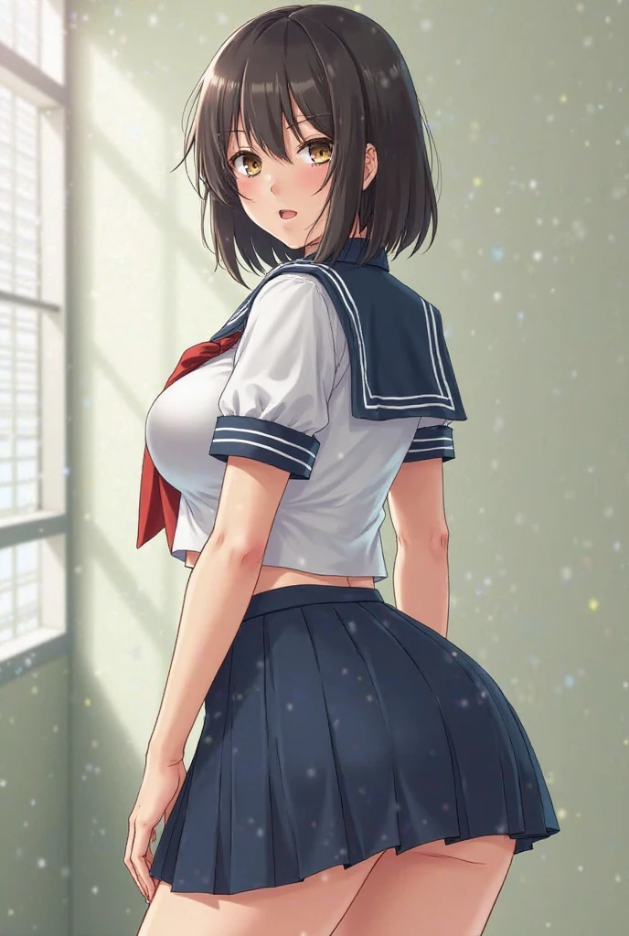 (8k, RAW photo, best quality, masterpiece, soft cinematic lighting, soft color:1.4),{ceiling,( POV,look at me:1.2),face focus:1.5}, (realistic), (indoor background), (solo, mature woman,19years old:1.3), (sailor uniform,underboob,low-cut miniskirt,sheer :1.3), (embarrassed,red Cheeks:1.25), A-line bob cut hair, bronze color hair, clean skin, (smaller butt:0.9),(pointy sagging huge long wide heavy breasts:1.4), (thick, curvy:1.3),(very skinny:1.3)