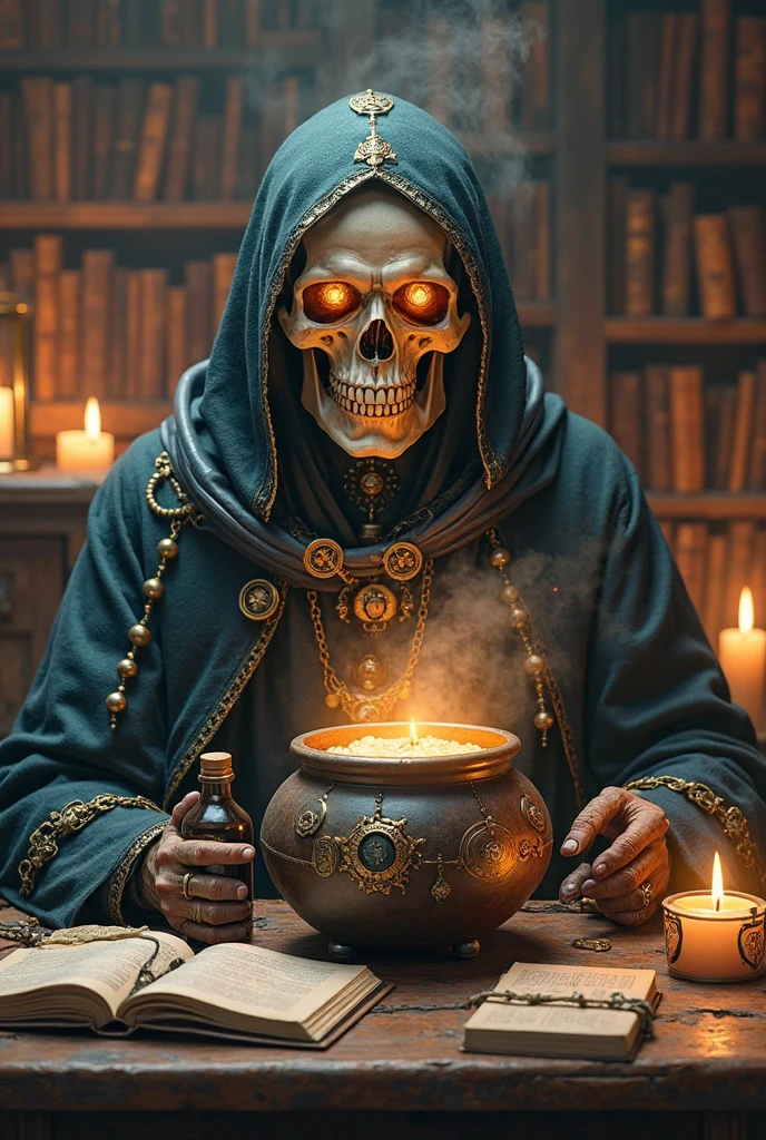 This picture presents a mysterious and eerie scene。The protagonist in the painting is a skeleton wearing a black cloak,It sits at a table,Holding a lit candle,Smoke all around。Skull head wearing a pair of glasses,Adds a touch of intellectual temperament to the whole image。
first,From the details,The image of the skull is very detailed.,From the outline of the bones to the texture of the cape, everything is clearly visible。The candle flame flickers in the darkness,Adds a touch of warmth to the whole scene。Smoke filled the air,Makes the whole picture more hazy and mysterious。
Secondly,From the perspective of color and light and shadow processing,The image uses dark tones,Highlights the mysterious and eerie atmosphere。The flame and candle light become the focus of the picture,Contrasts with other dark tones。This contrast makes the picture more layered.,At the same time, the visual effects are also enhanced。
at last,Judging from the atmosphere of the whole scene,This picture gives people a mysterious and weird feeling。The image of the skull and the surrounding atmosphere are full of unknown and mysterious feelings.,It makes people want to explore the secrets。at the same time,This atmosphere also brings people a tense and fearful emotional experience.。
In summary,This picture is carefully depicted、Unique color and light and shadow processing as well as the creation of a mysterious and strange atmosphere,Successfully conveys a mysterious and eerie feeling。