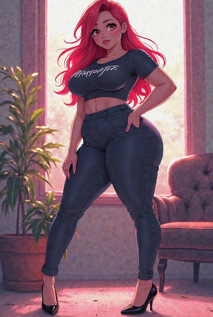 Beautiful girl, Wearing tight jeans, big-ass, Broad Hips, with your hands rubbing a cake on your legs 