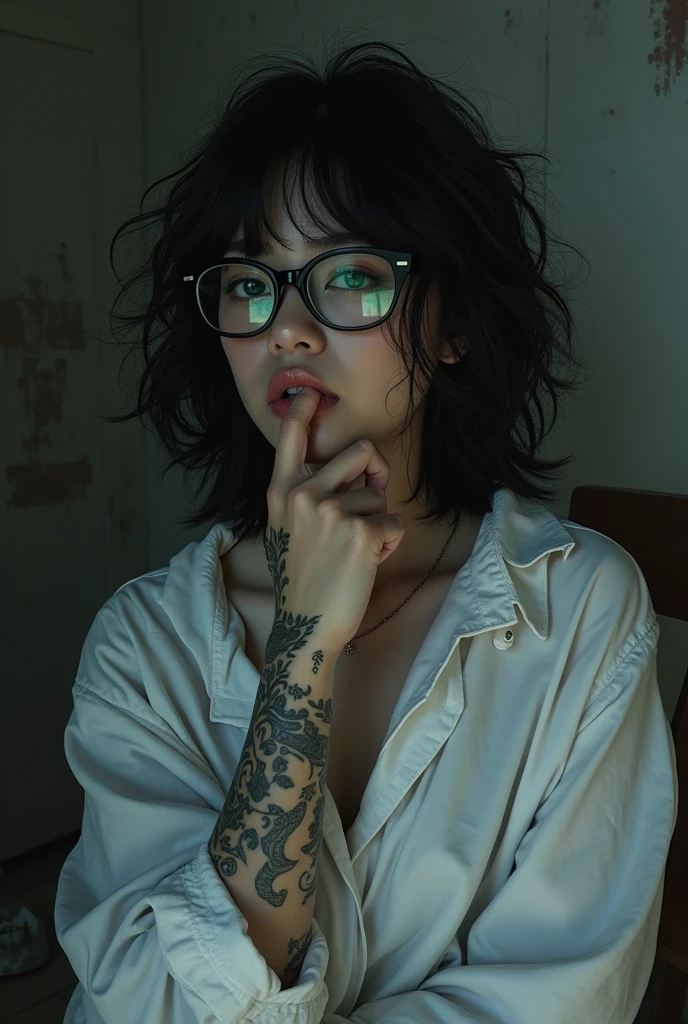 There is a woman with tattoos on her arms and arms, de taiwanesa com tatuagens, Coberto, 2 7 anos, 2 8 anos, com tatuagens, 2 9 anos, 2 2 anos, wearing thin large round glasses, linda Delphine, 21 anos, 2 3 anos, With eye Glasses, Tatuado, 2 4 anos