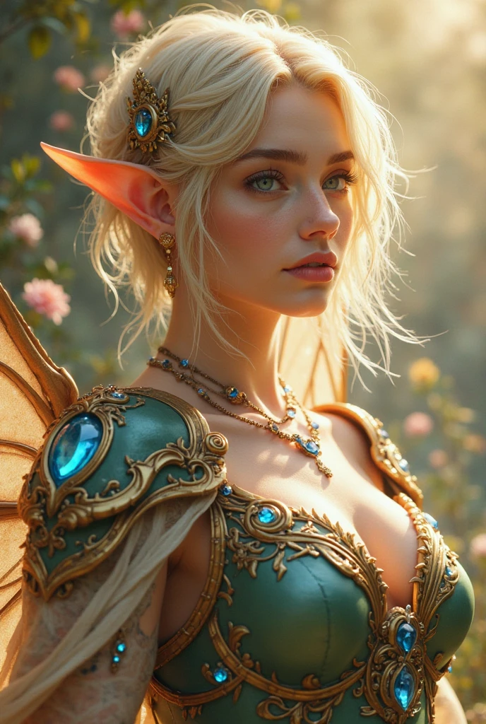 (Beautiful woman, detailed makeup, detailed facial features, Glowing blue eyes, seductive expression, blonde hair, large breasts:1.3, realistic elf ear, four fingers on each hand, detailed fingers, proportional hands, massive butterfly wings in the center of her back attached between the shoulder blades, detailed proportional body, thin body, toned muscles, sitting, detailed proportional legs, Spread legs, shaved legs), (silk bustier, scrunch thong, see through lace:1.3), (fantasy castle, oak forest, calm lake, night, stary sky, moon light, fantasy setting, orbs, flowers, roses), (golden ratio, Best Quality:1.4), (Ultra-detailed), (extremely detailed CG unified 8k wallpaper), (Highly detailed, RAW Photos, Professional Photography:1.4), plein air, Illumination, (Super fancy photos:1.4), (Dazzling light), Radiant Photography, depth of fields,