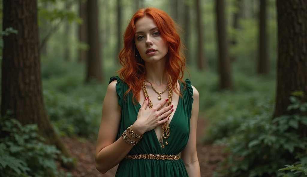 there is a woman with red hair and a black top, side portrait of elven royalty, beautiful wood elf, portrait of a female druid, portrait of a dryad, wearing several pendants, dryad in the forest, beautiful young female shaman, evil fire sorceress in the woods, forest soul, side portrait imagery, a young female shaman, coniferous trees