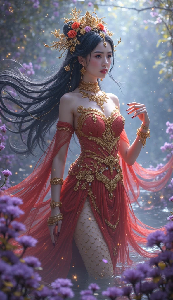 full body shot, masterpiece,Highest high resolutionDynamic bust of beautiful aristocratic maiden,Black hair elegantly coiled,Wearing a huge red crown,veils,Purple clear eyes,The hair is covered with beautiful and delicate floral craftsmanship, Crystal jewelry filigree,Ultra-detailed details,upscaled,