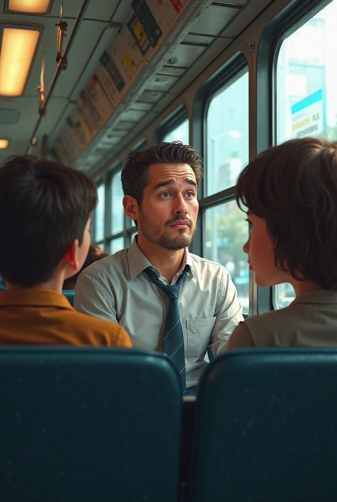 A man on a train with his daughter crying